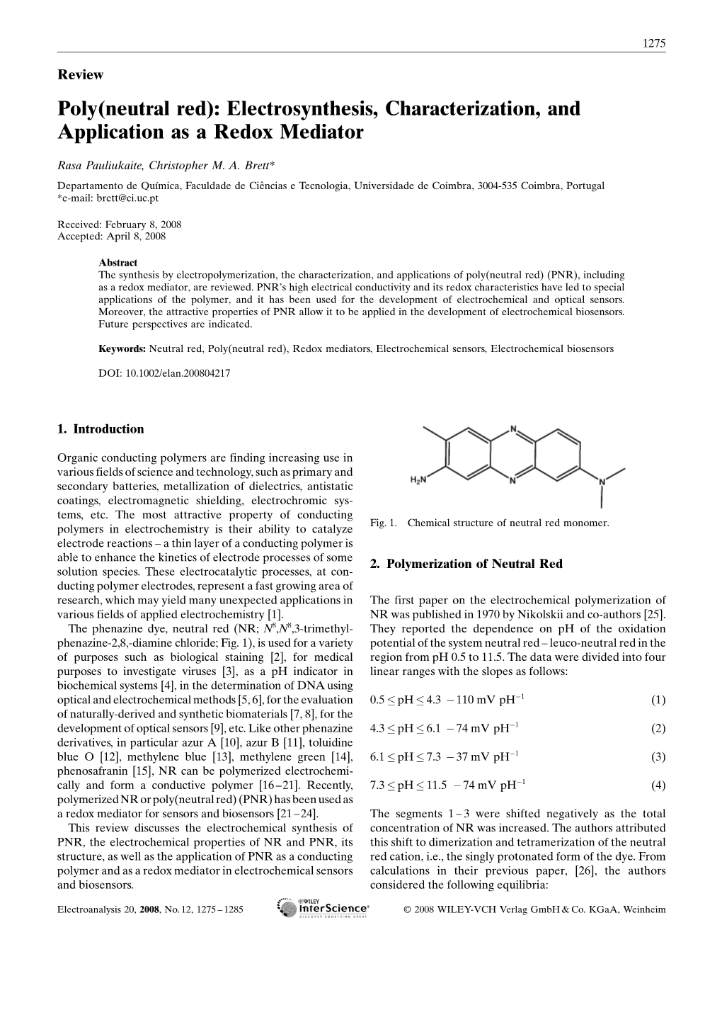 Poly(Neutral Red): Electrosynthesis, Characterization, and Application As a Redox Mediator