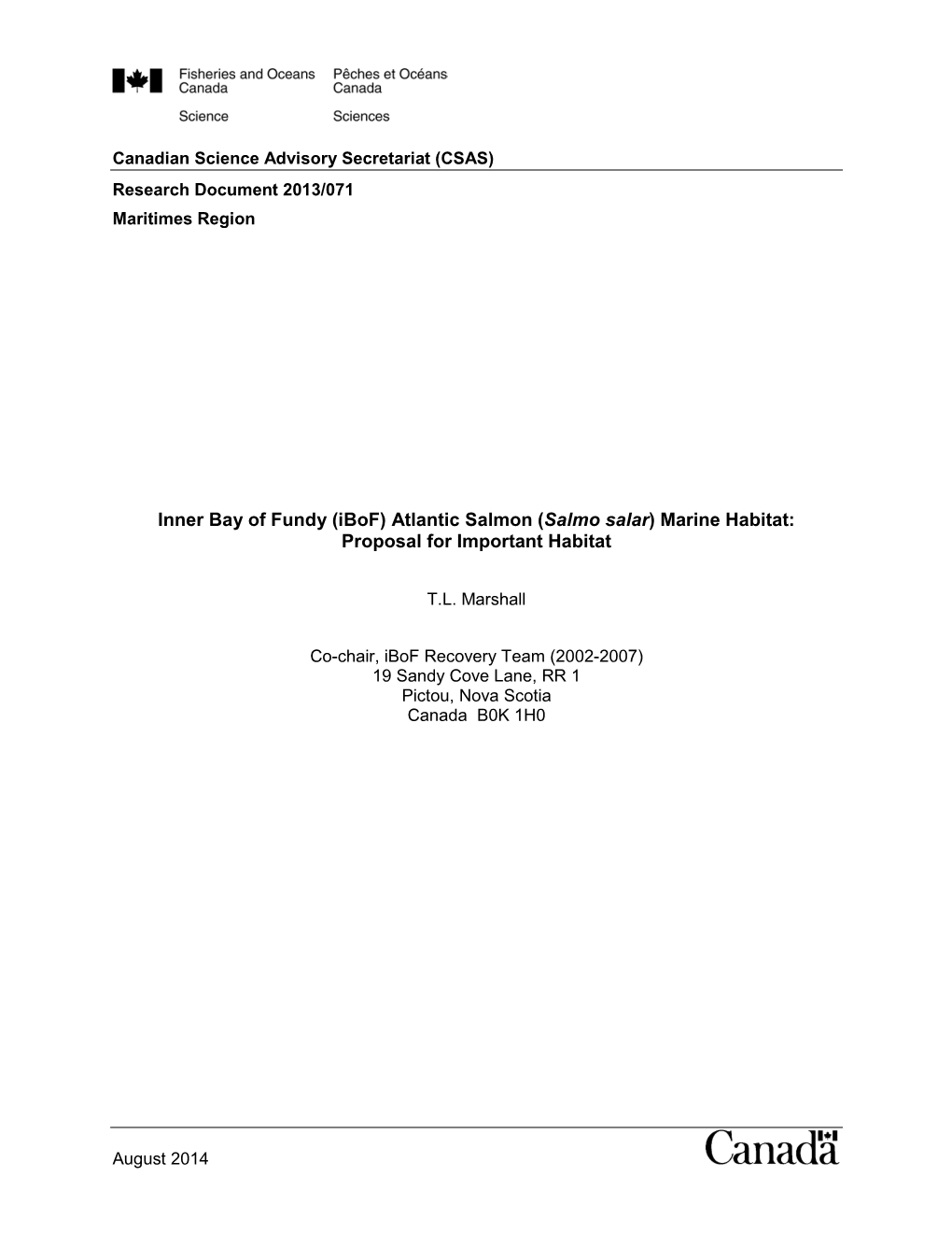 Inner Bay of Fundy (Ibof) Atlantic Salmon (Salmo Salar) Marine Habitat: Proposal for Important Habitat