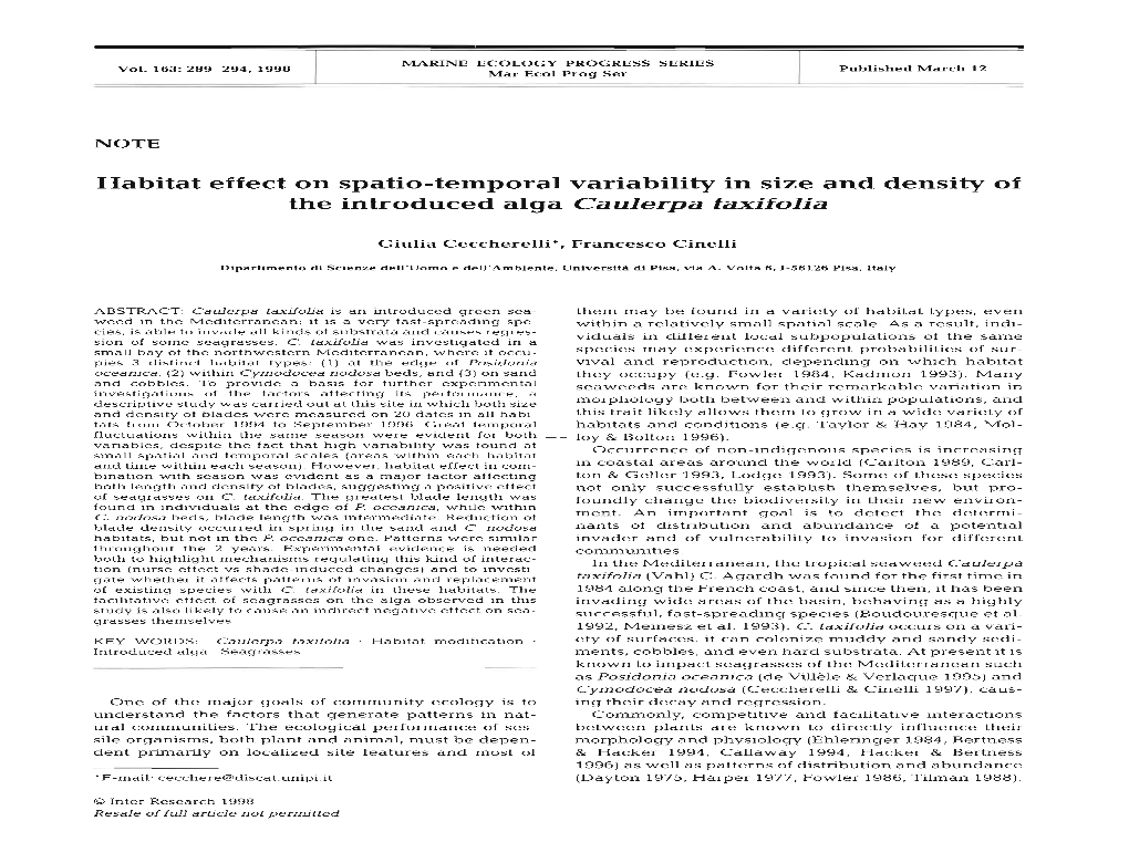 Habitat Effect on Spatio-Temporal Variability in Size and Density of the Introduced Alga Caulerpa Taxifolia