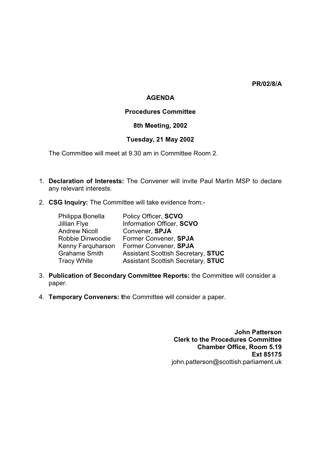 PR/02/8/A AGENDA Procedures Committee 8Th Meeting, 2002