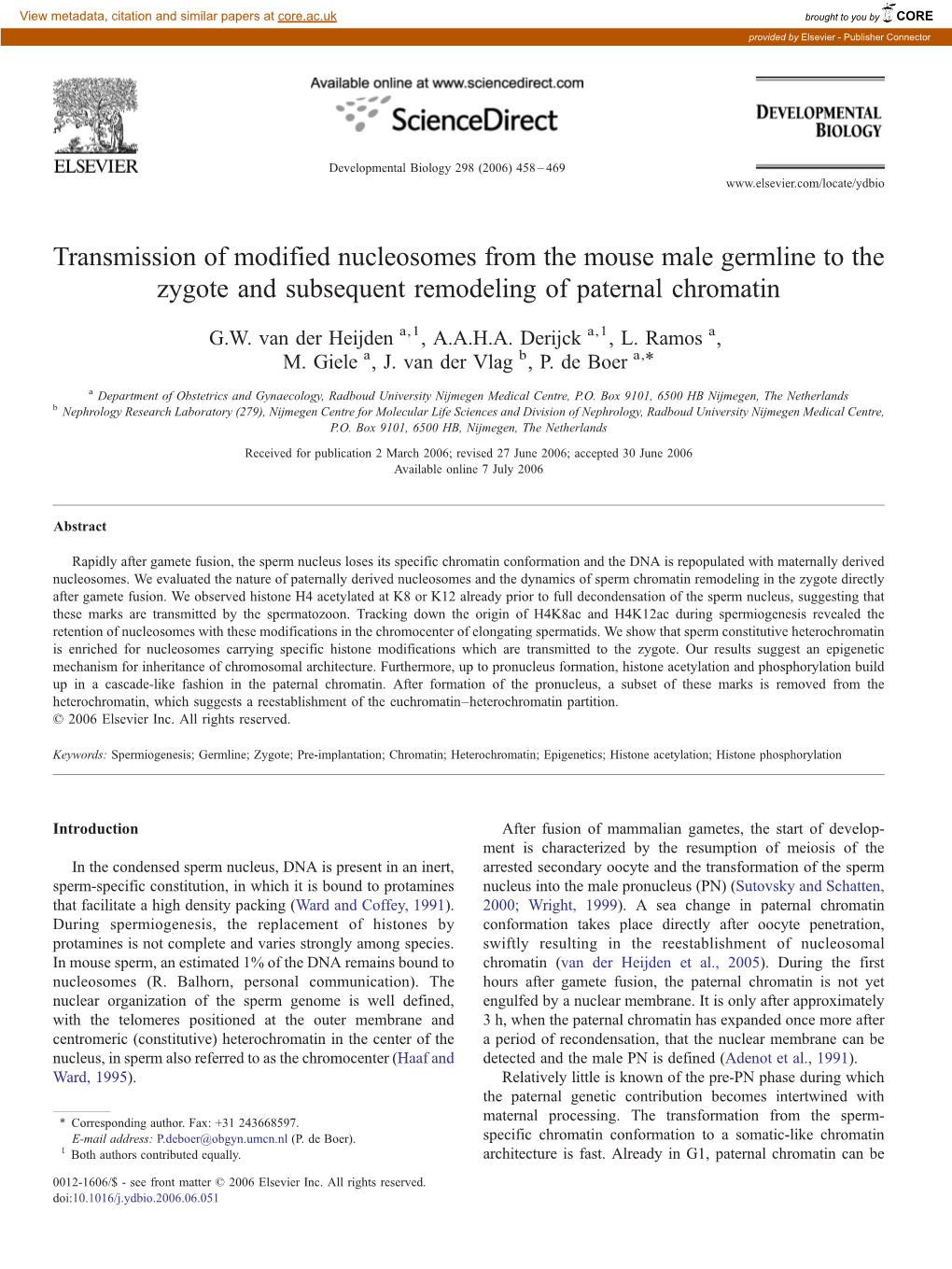 Transmission of Modified Nucleosomes from the Mouse Male Germline to the Zygote and Subsequent Remodeling of Paternal Chromatin