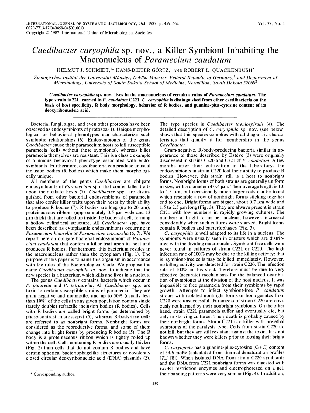 Caedibacter Caryophila Sp. Nov. a Killer Symbiont Inhabiting the Macronucleus of Paramecium Caudatum
