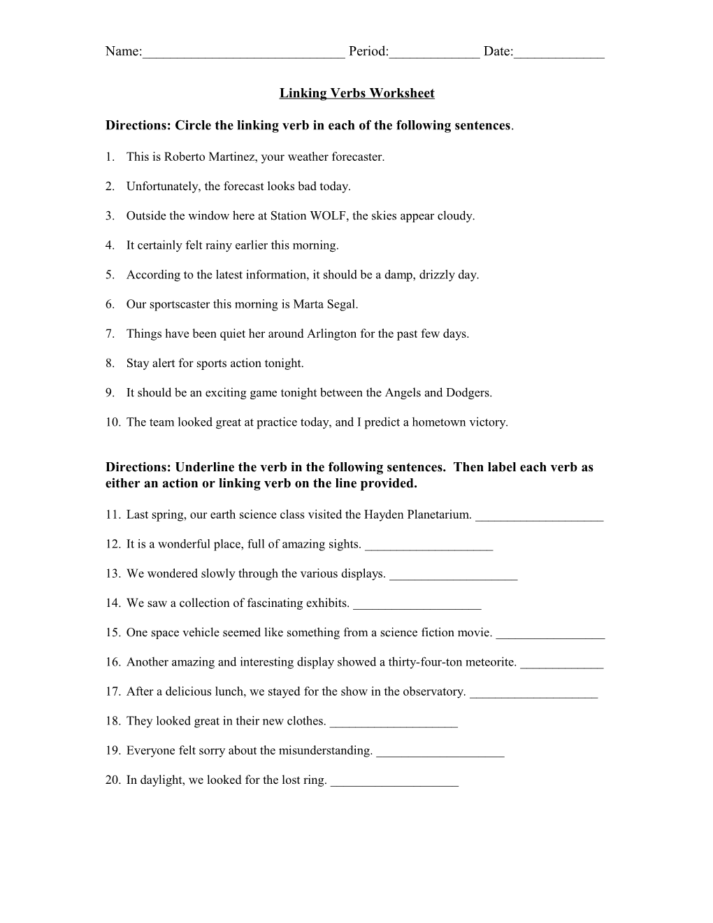 Linking Verbs Worksheet