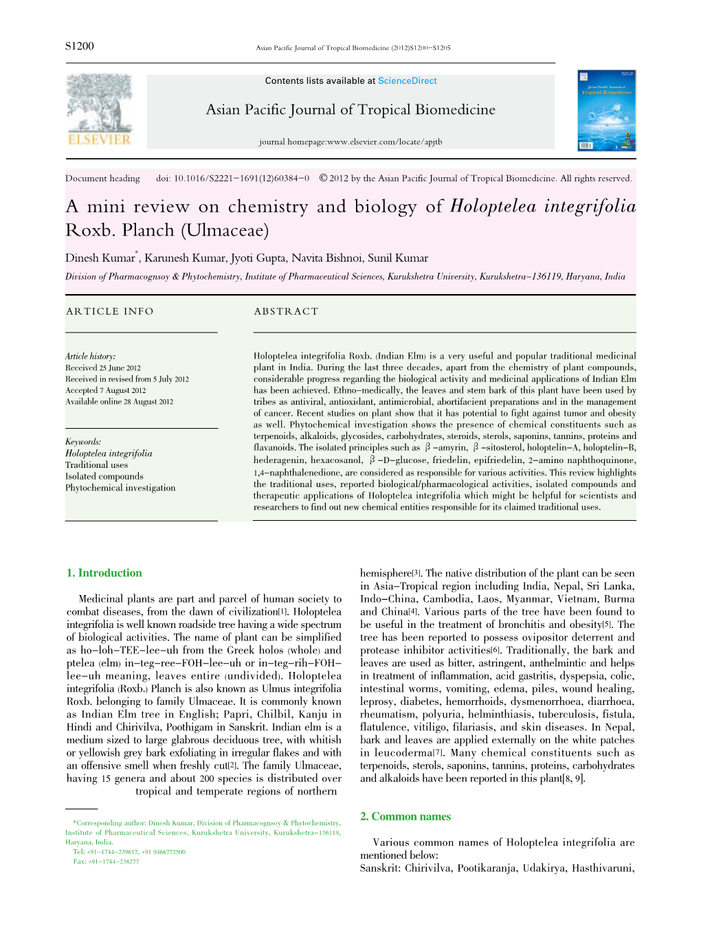 A Mini Review on Chemistry and Biology of Holoptelea Integrifolia Roxb