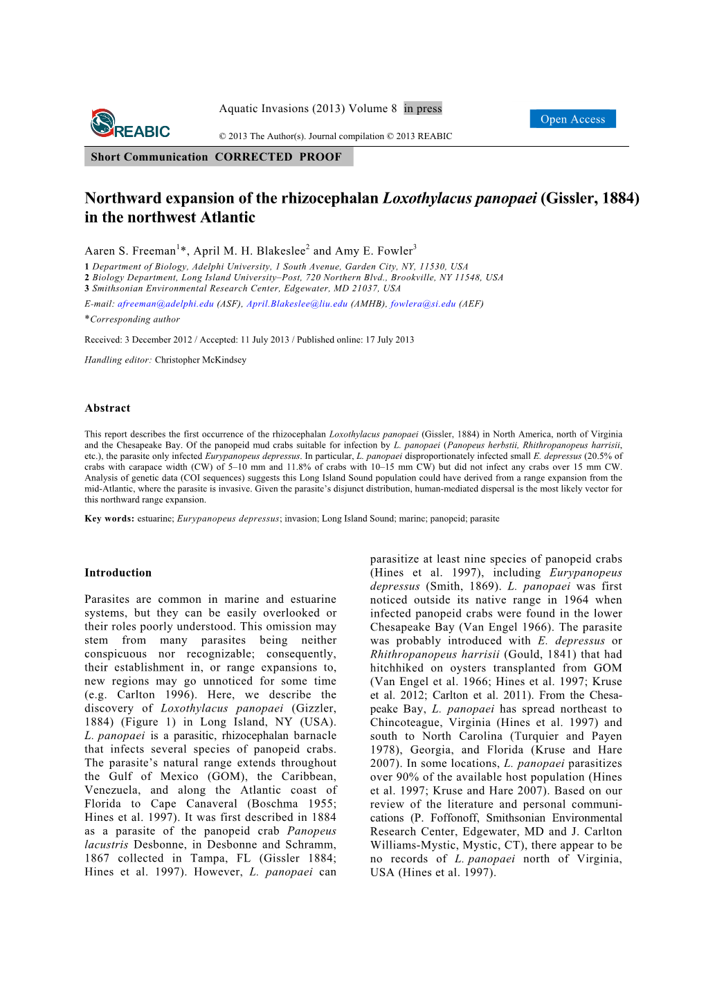 Northward Expansion of the Rhizocephalan Loxothylacus Panopaei (Gissler, 1884) in the Northwest Atlantic