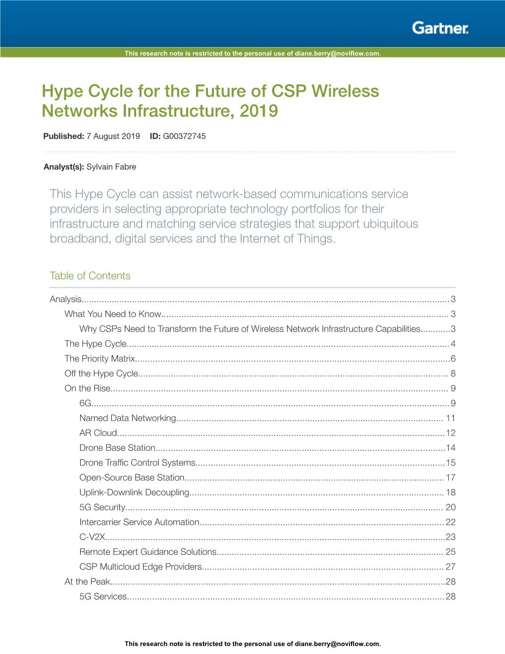 Hype Cycle for the Future of CSP Wireless Networks Infrastructure, 2019