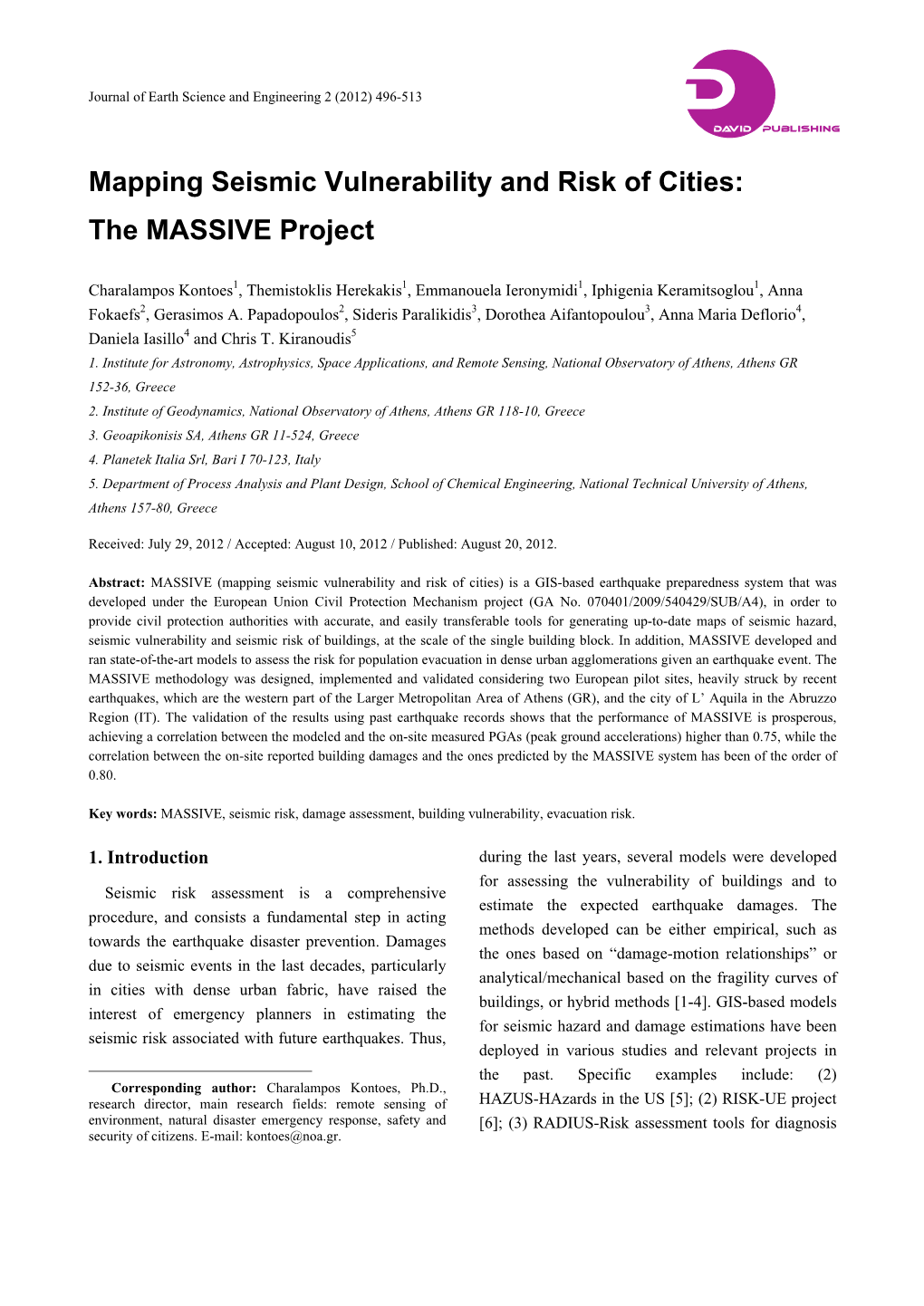 Mapping Seismic Vulnerability and Risk of Cities: the MASSIVE Project