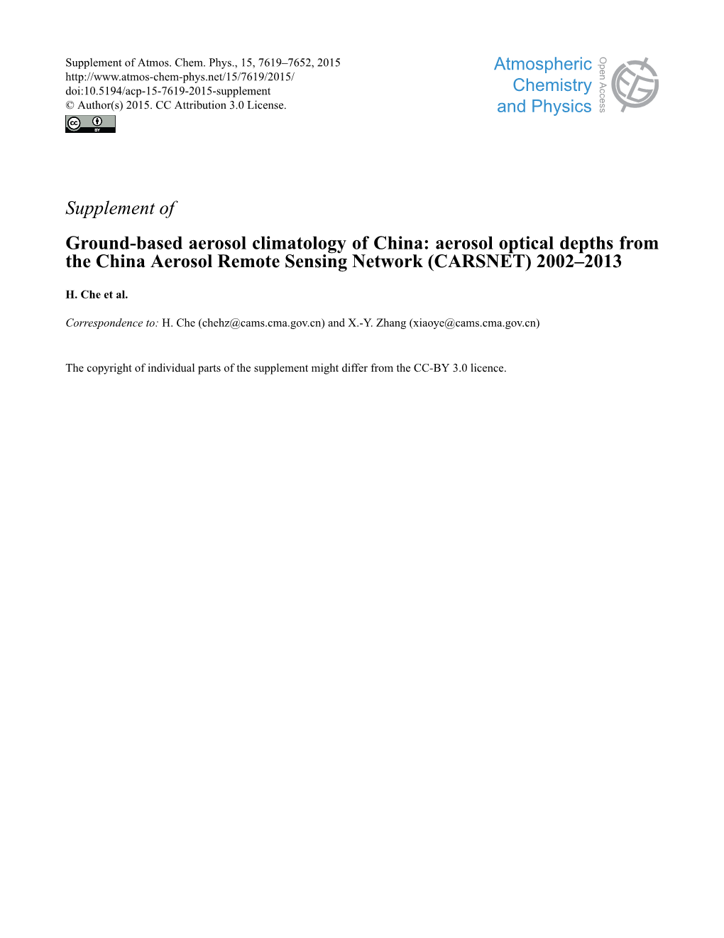 Supplement of Ground-Based Aerosol Climatology of China: Aerosol Optical Depths from the China Aerosol Remote Sensing Network (CARSNET) 2002–2013