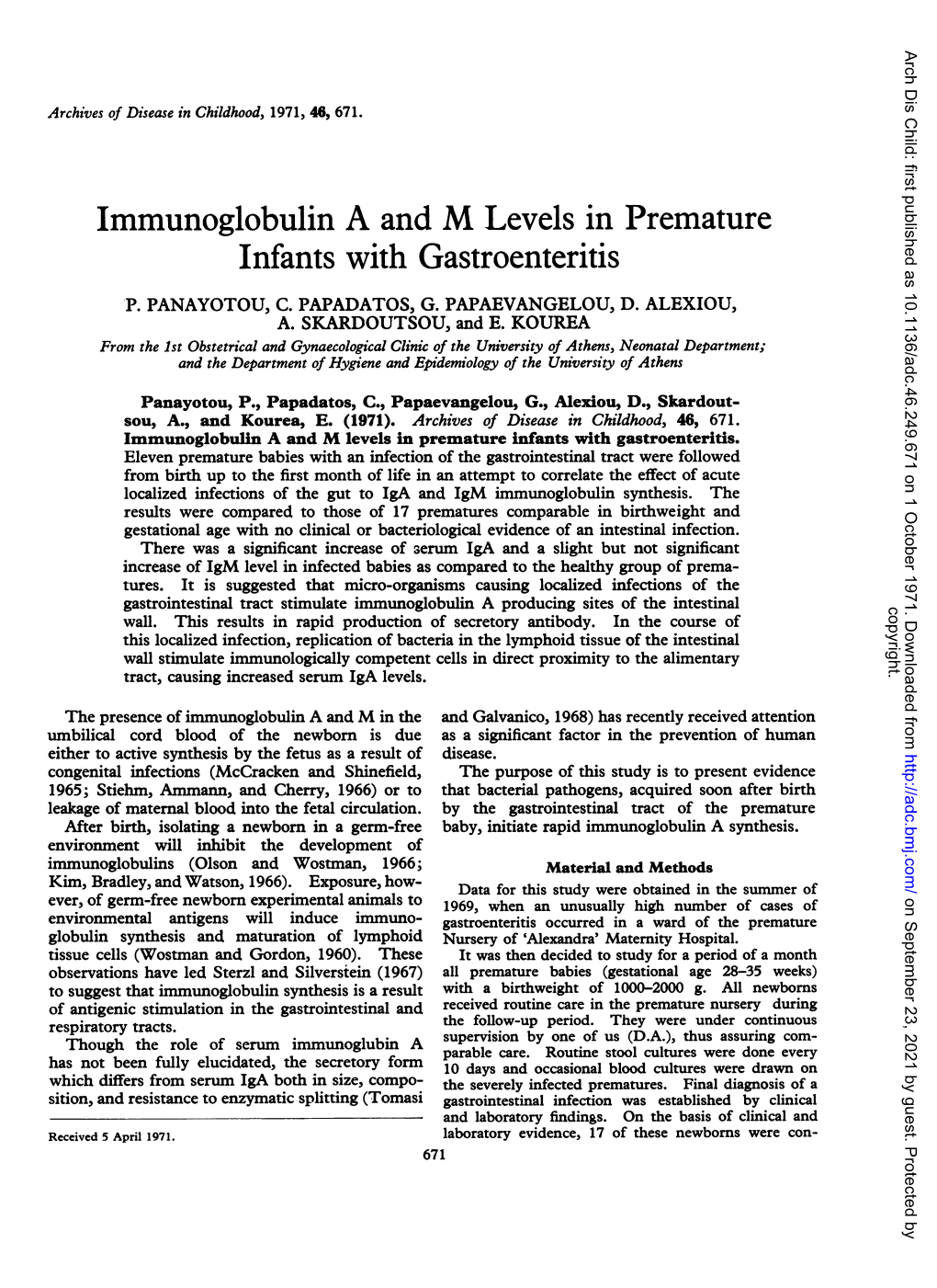 Immunoglobulin a and M Levels in Premature Infants with Gastroenteritis P