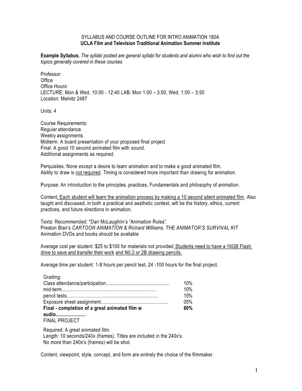 SYLLABUS and COURSE OUTLINE for INTRO ANIMATION 180A UCLA Film and Television Traditional Animation Summer Institute