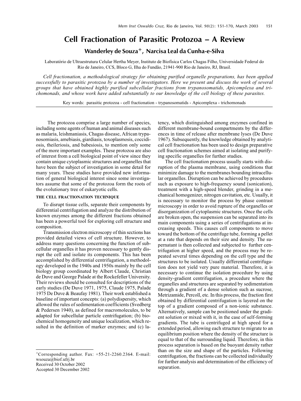 Cell Fractionation of Parasitic Protozoa – a Review