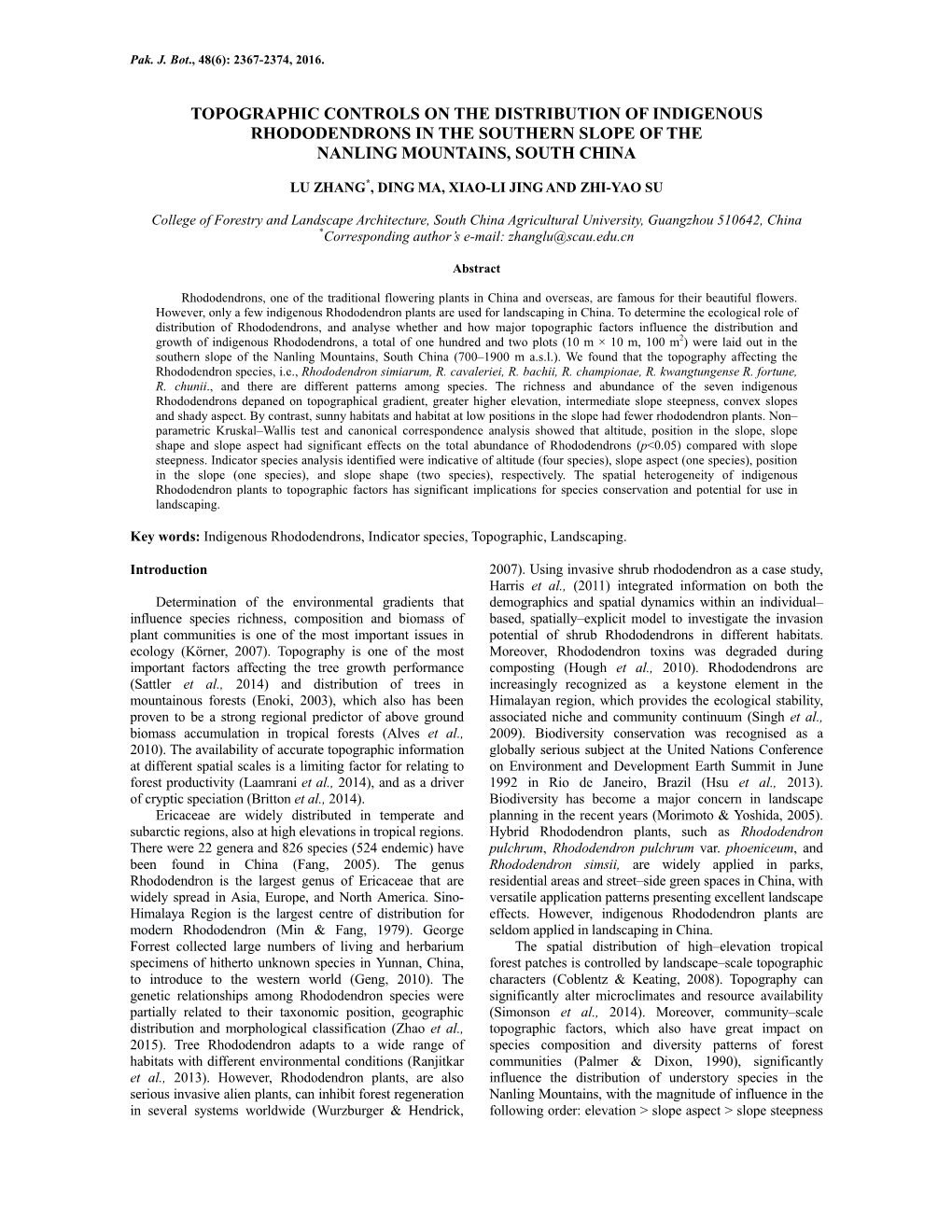 Topographic Controls on the Distribution of Indigenous Rhododendrons in the Southern Slope of the Nanling Mountains, South China