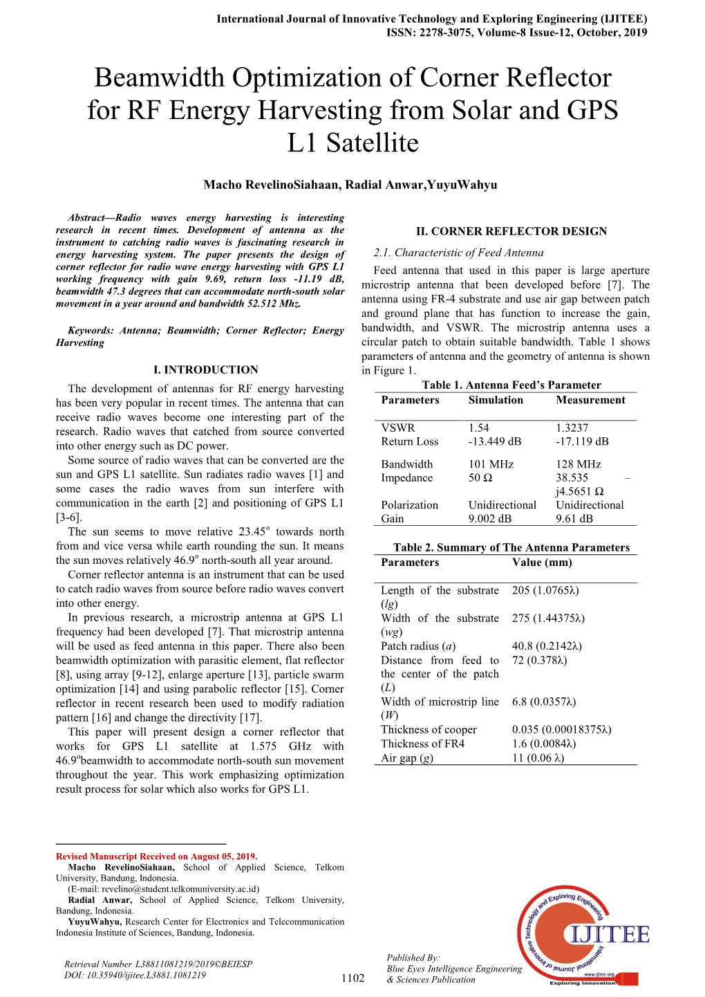 Beamwidth Optimization of Corner Reflector for RF Energy Harvesting from Solar and GPS L1 Satellite