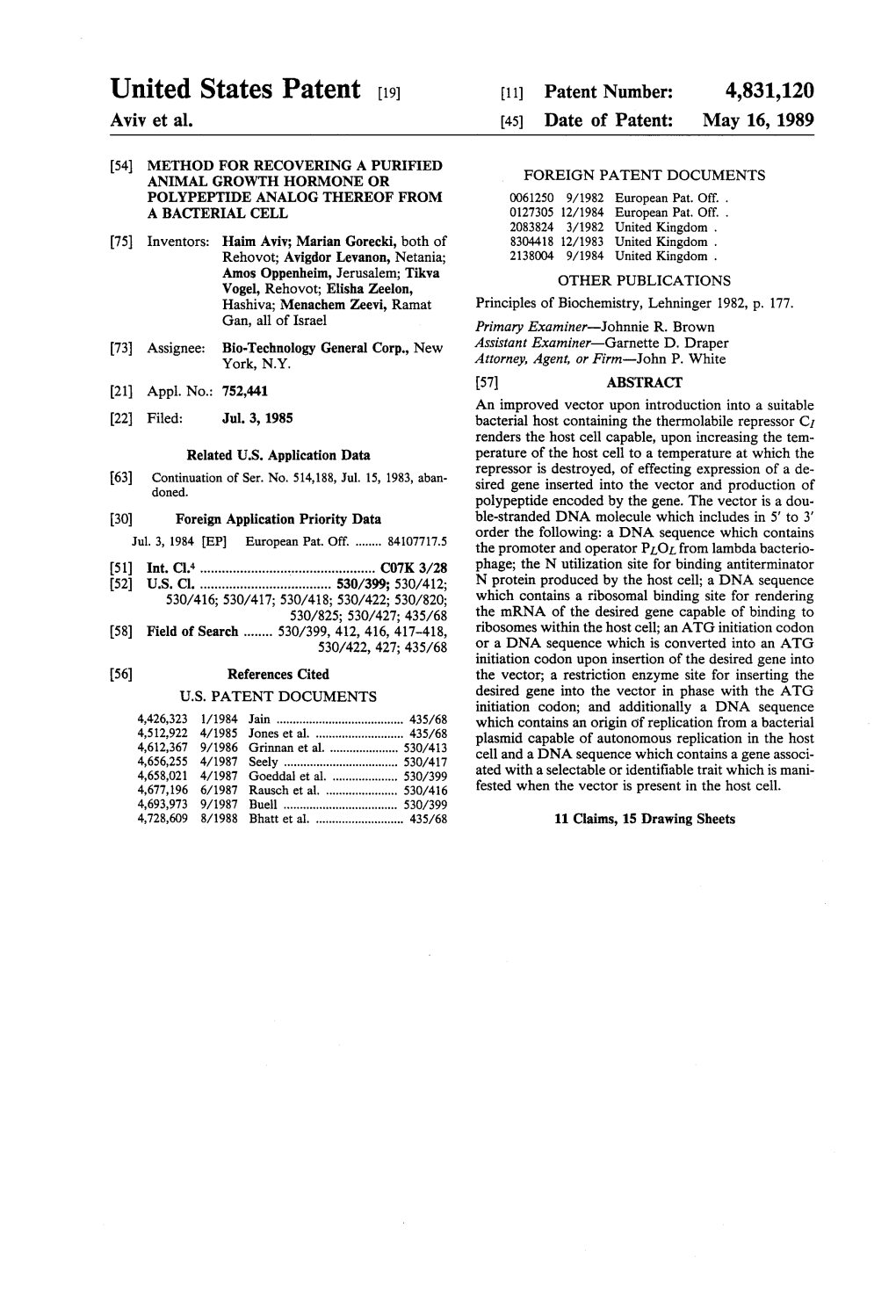 United States Patent [191 [11] Patent Number: 4,831,120 Aviv Et Al