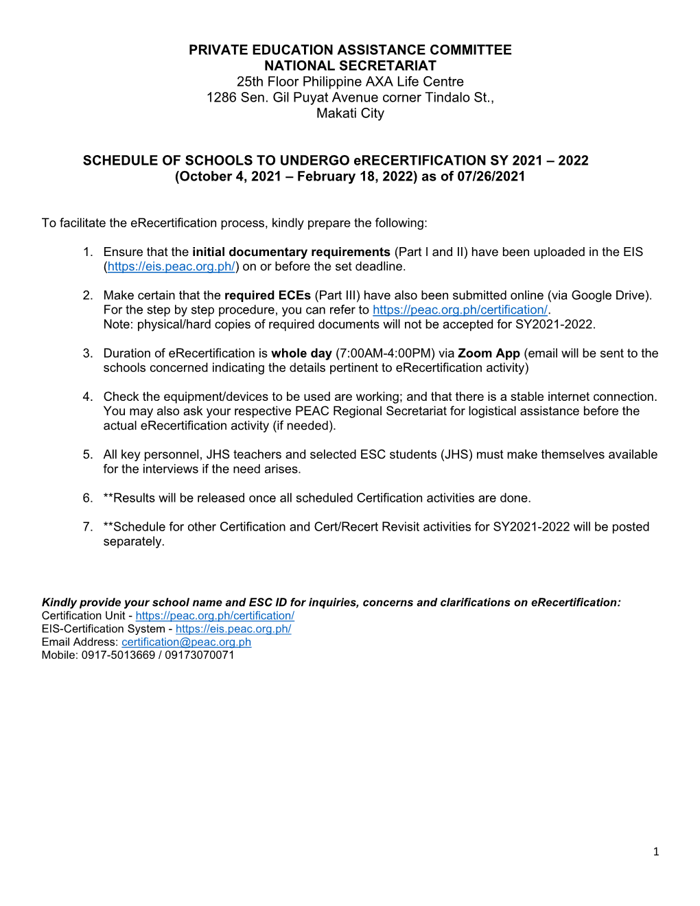 PRIVATE EDUCATION ASSISTANCE COMMITTEE NATIONAL SECRETARIAT 25Th Floor Philippine AXA Life Centre 1286 Sen