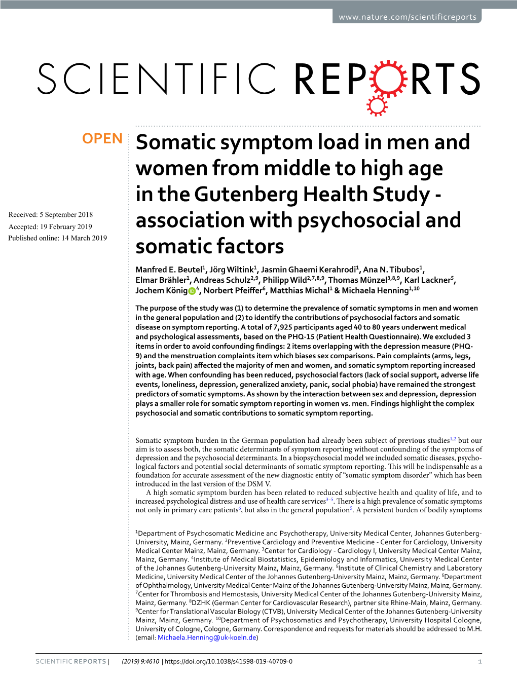 Somatic Symptom Load in Men and Women from Middle to High Age In