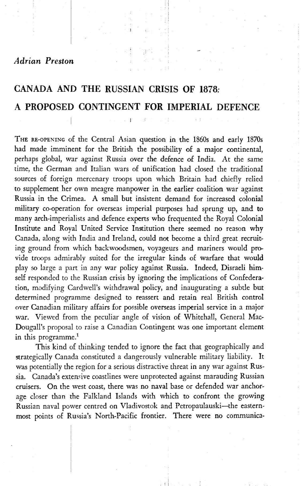 Canada and the Russian Crisis of 1878: a Proposed Contingent for Imperial Defence I