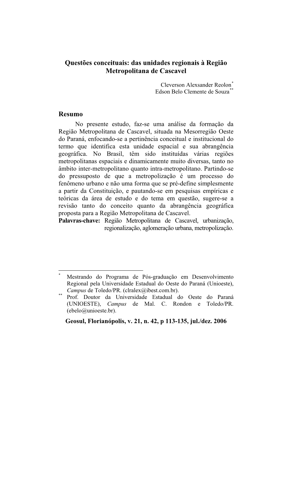 Das Unidades Regionais À Região Metropolitana De Cascavel