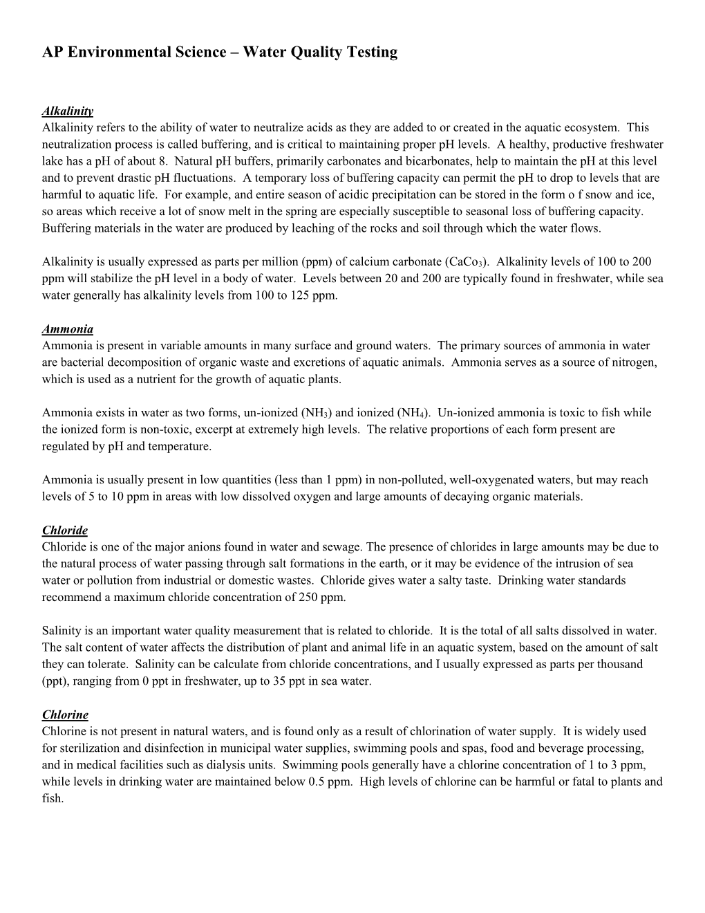 AP Environmental Science – Water Quality Testing