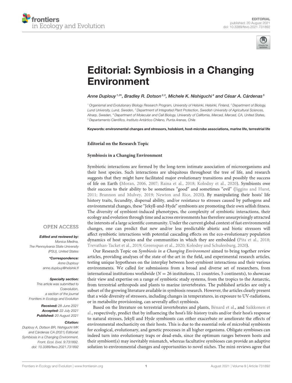 Editorial: Symbiosis in a Changing Environment