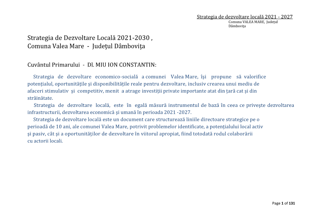 Strategia De Dezvoltare Locală 2021-2030 , Comuna Valea Mare - Judeţul Dâmboviţa