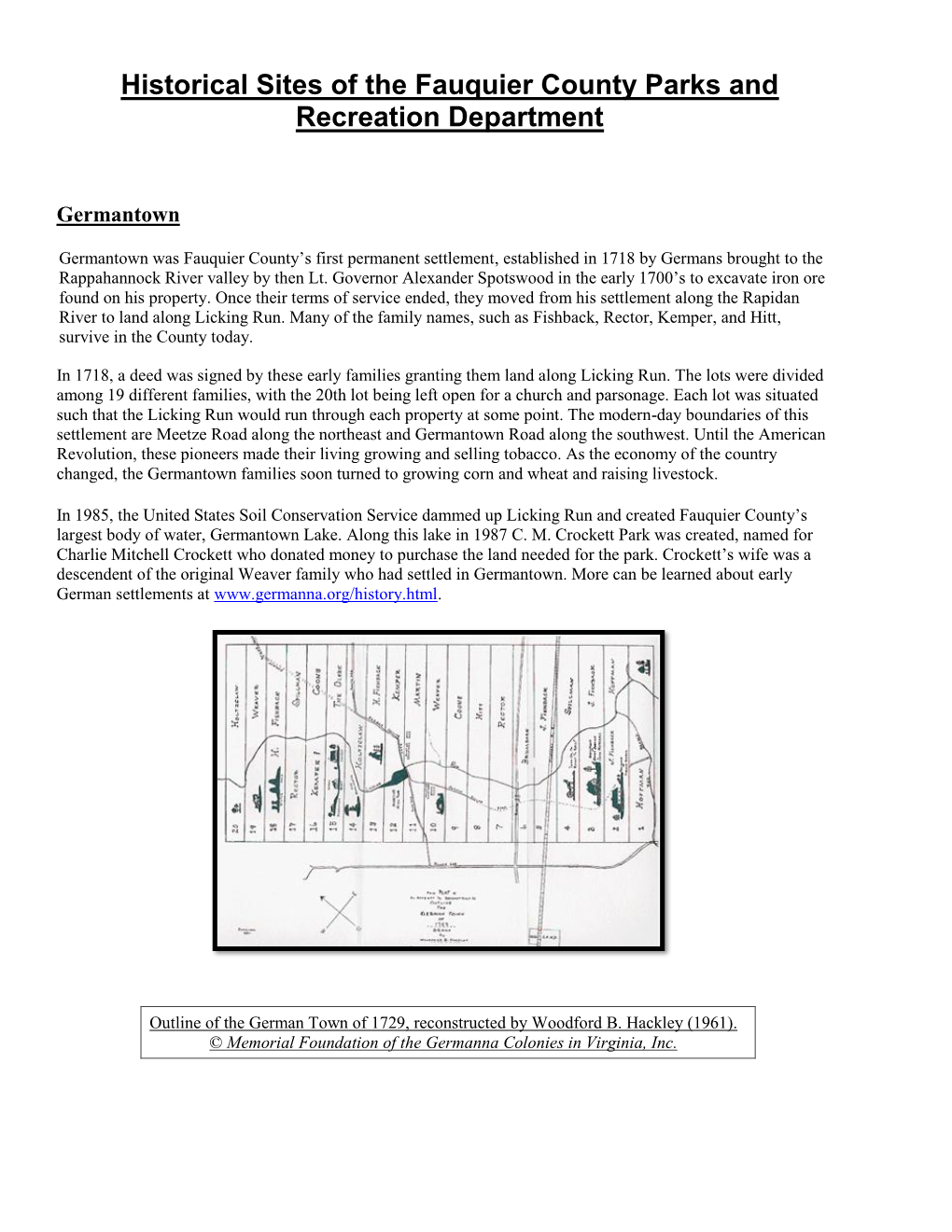 Historical Sites of the Fauquier County Parks and Recreation Department