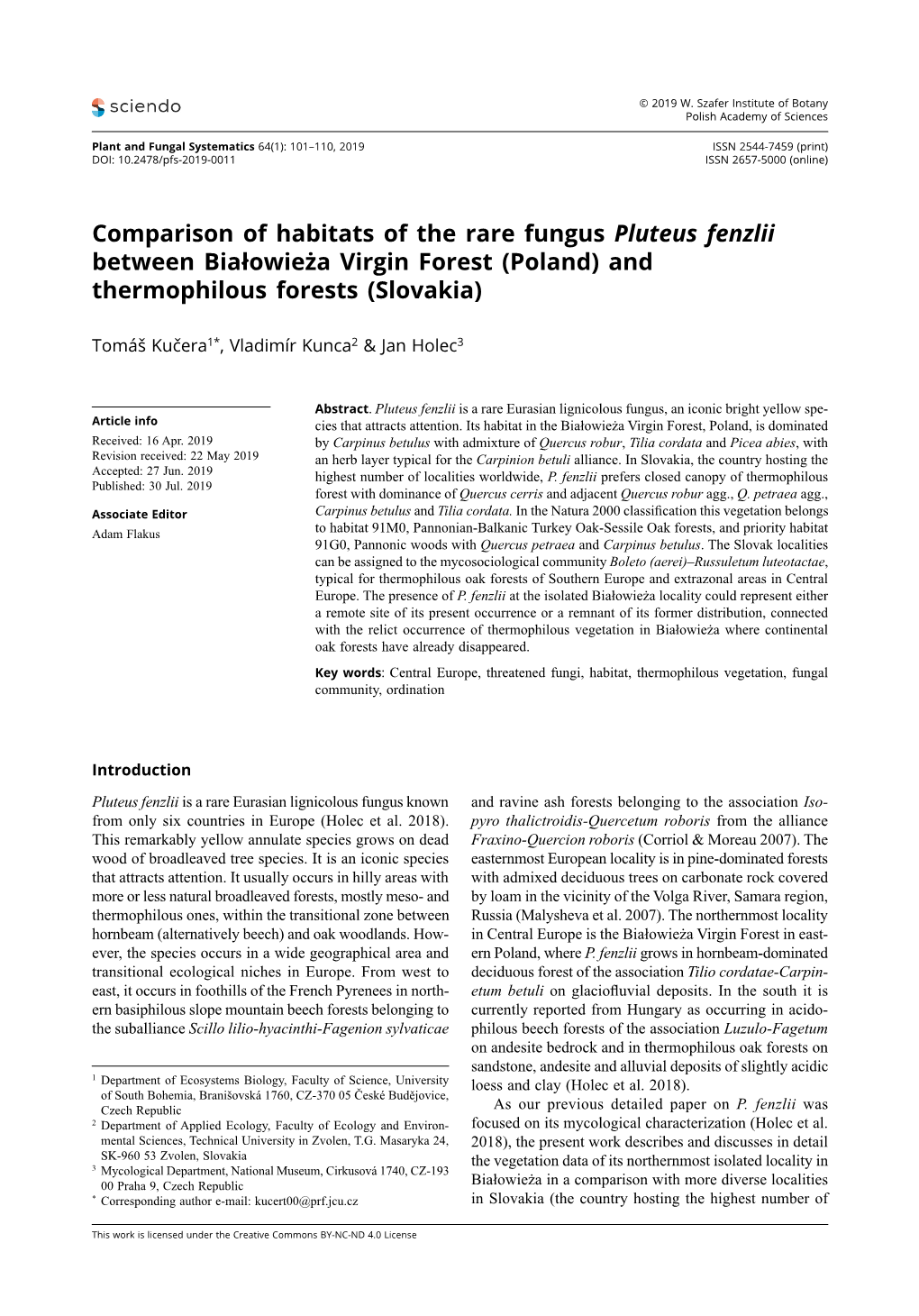 Comparison of Habitats of the Rare Fungus Pluteus Fenzlii Between Białowieża Virgin Forest (Poland) and Thermophilous Forests (Slovakia)