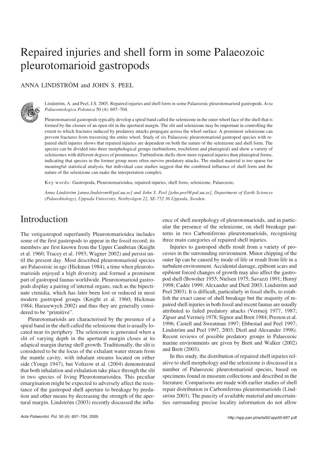 Repaired Injuries and Shell Form in Some Palaeozoic Pleurotomarioid Gastropods