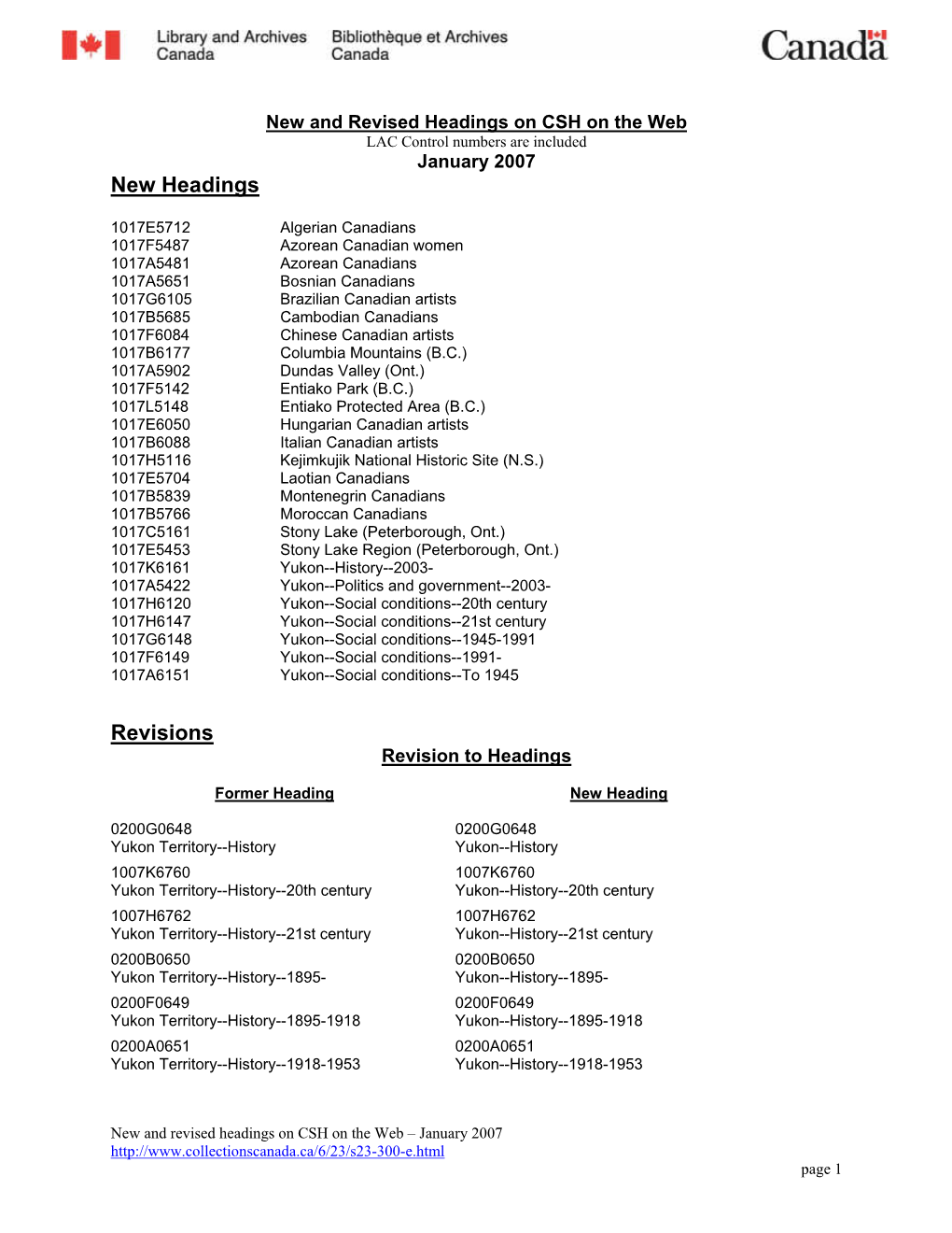 New and Revised Headings on CSH on the Web LAC Control Numbers Are Included January 2007 New Headings