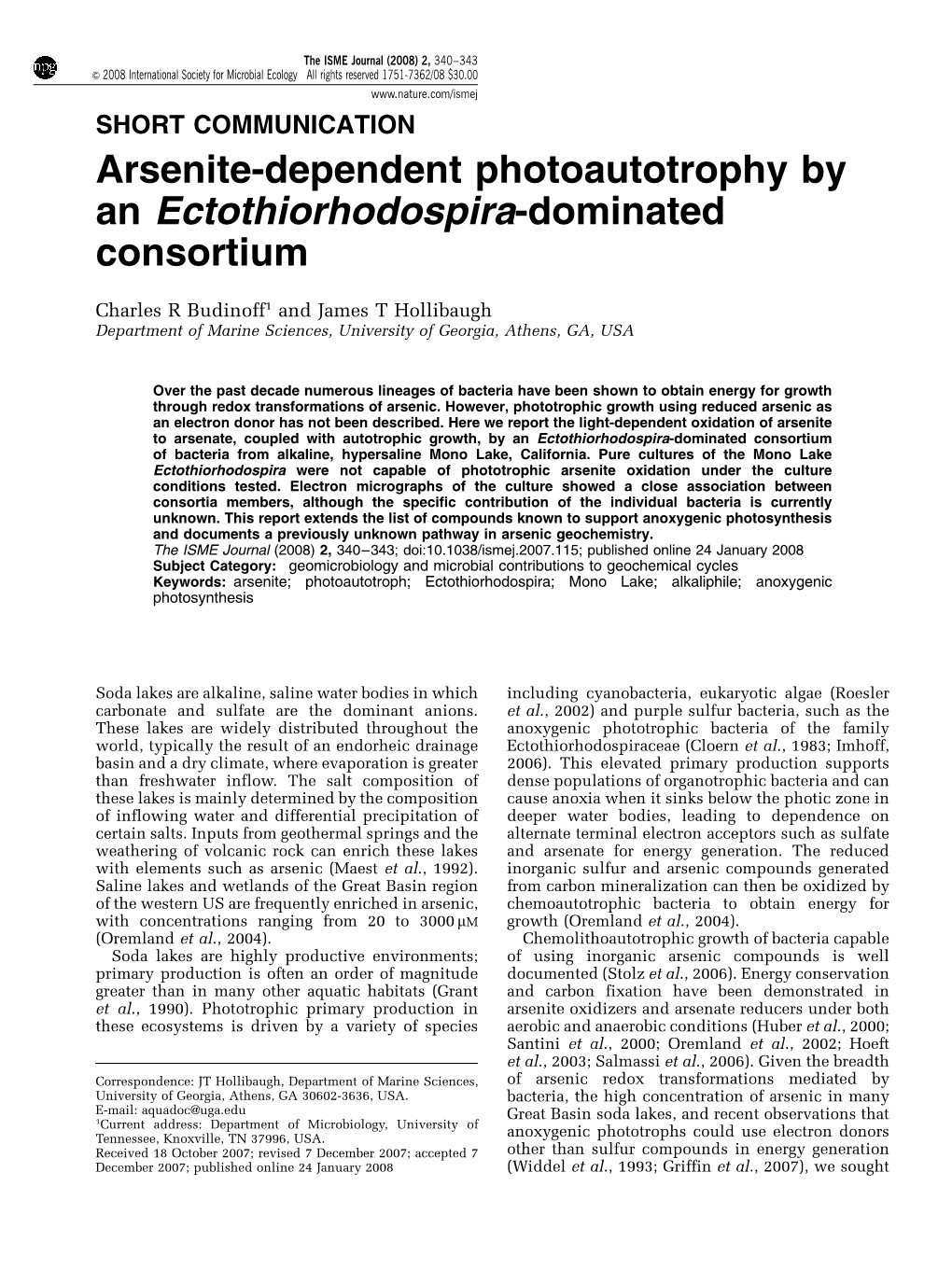 Arsenite-Dependent Photoautotrophy by an Ectothiorhodospira-Dominated Consortium