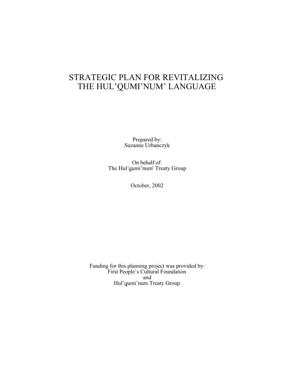 Strategic Plan for Revitalizing the Hul'qumi