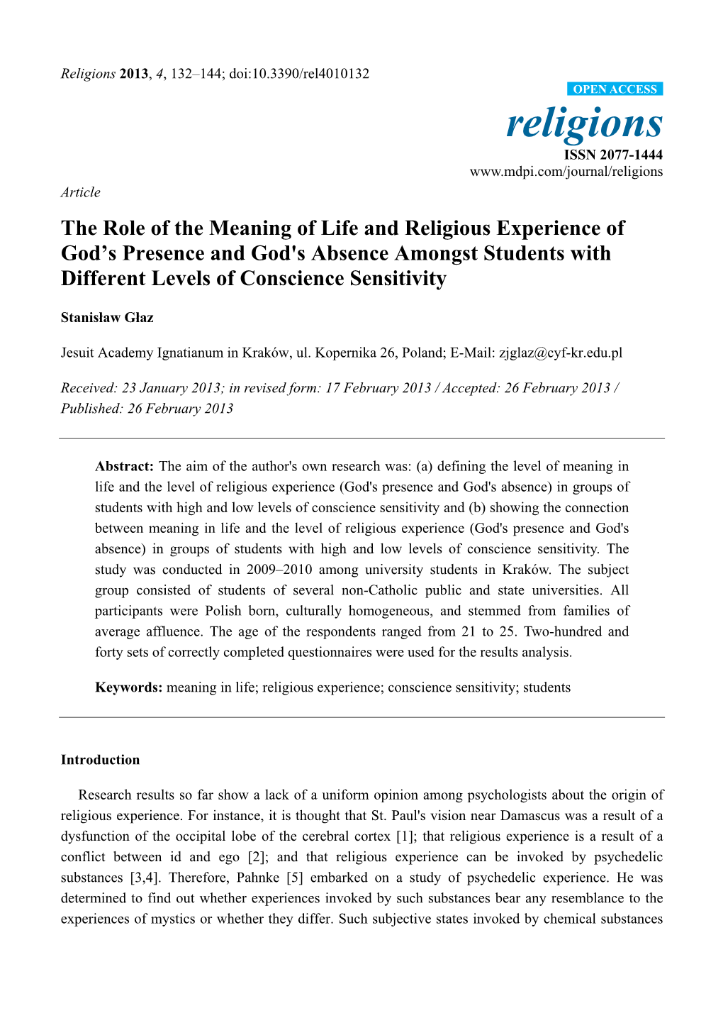 The Role of the Meaning of Life and Religious Experience of God's Presence and God's Absence Amongst Students with Differe