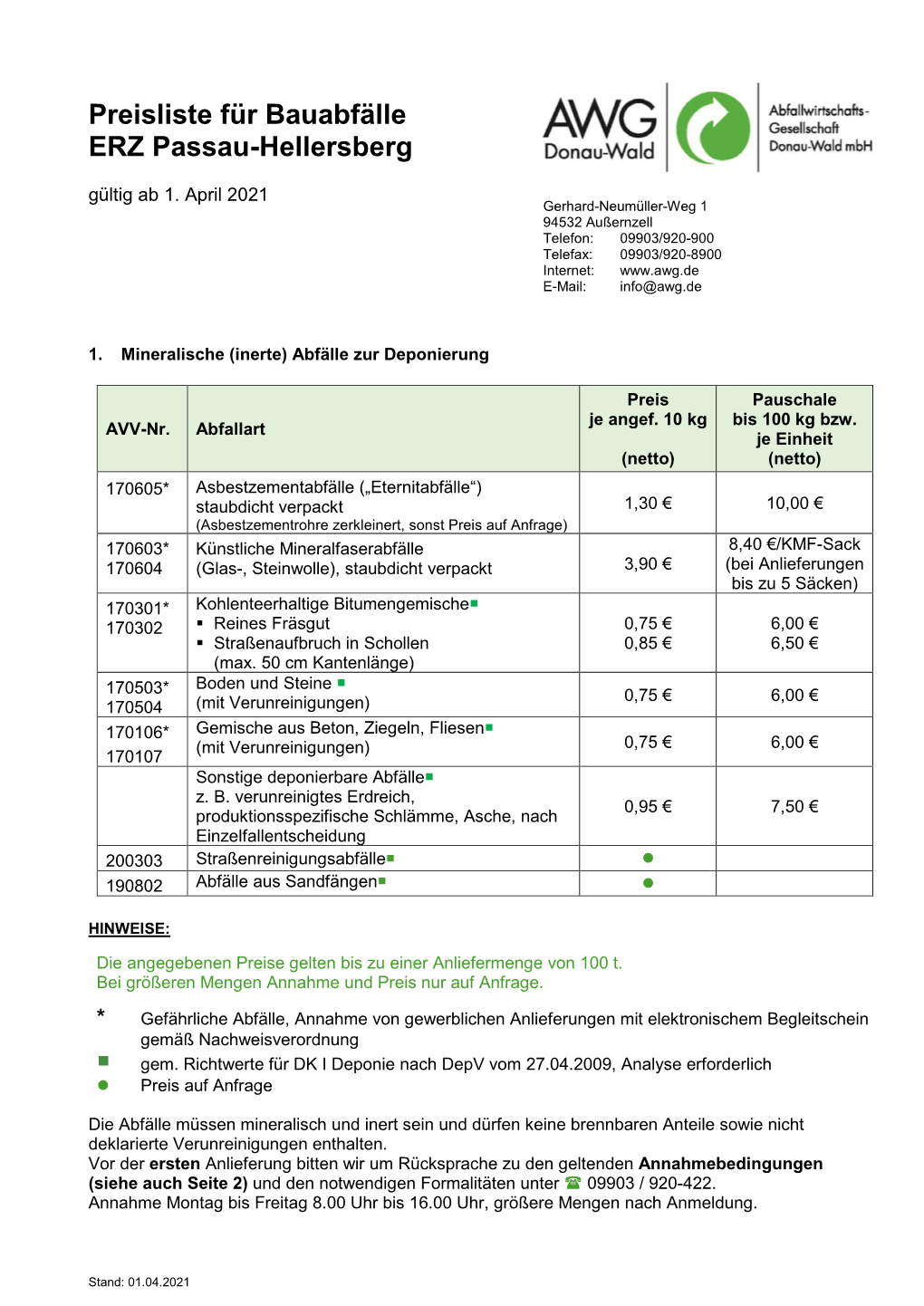 Preisliste Für Bauabfälle ERZ Passau-Hellersberg Gültig Ab 1