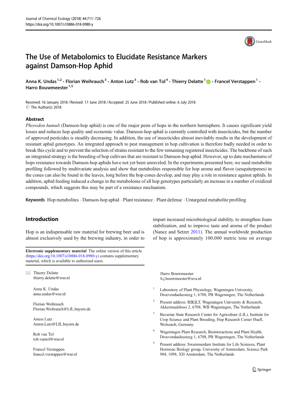 The Use of Metabolomics to Elucidate Resistance Markers Against Damson-Hop Aphid