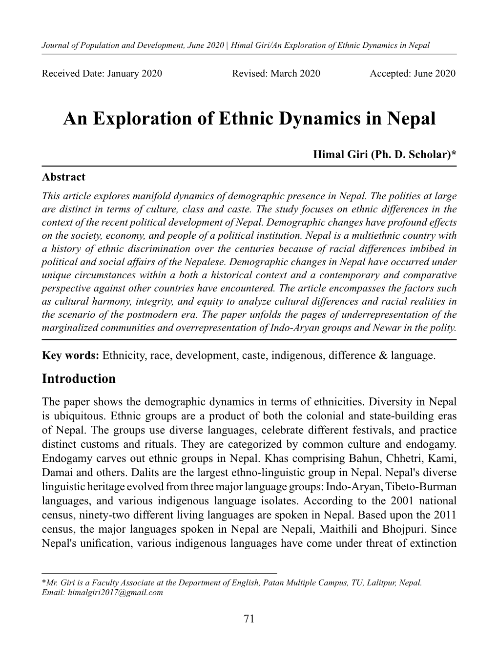 An Exploration of Ethnic Dynamics in Nepal