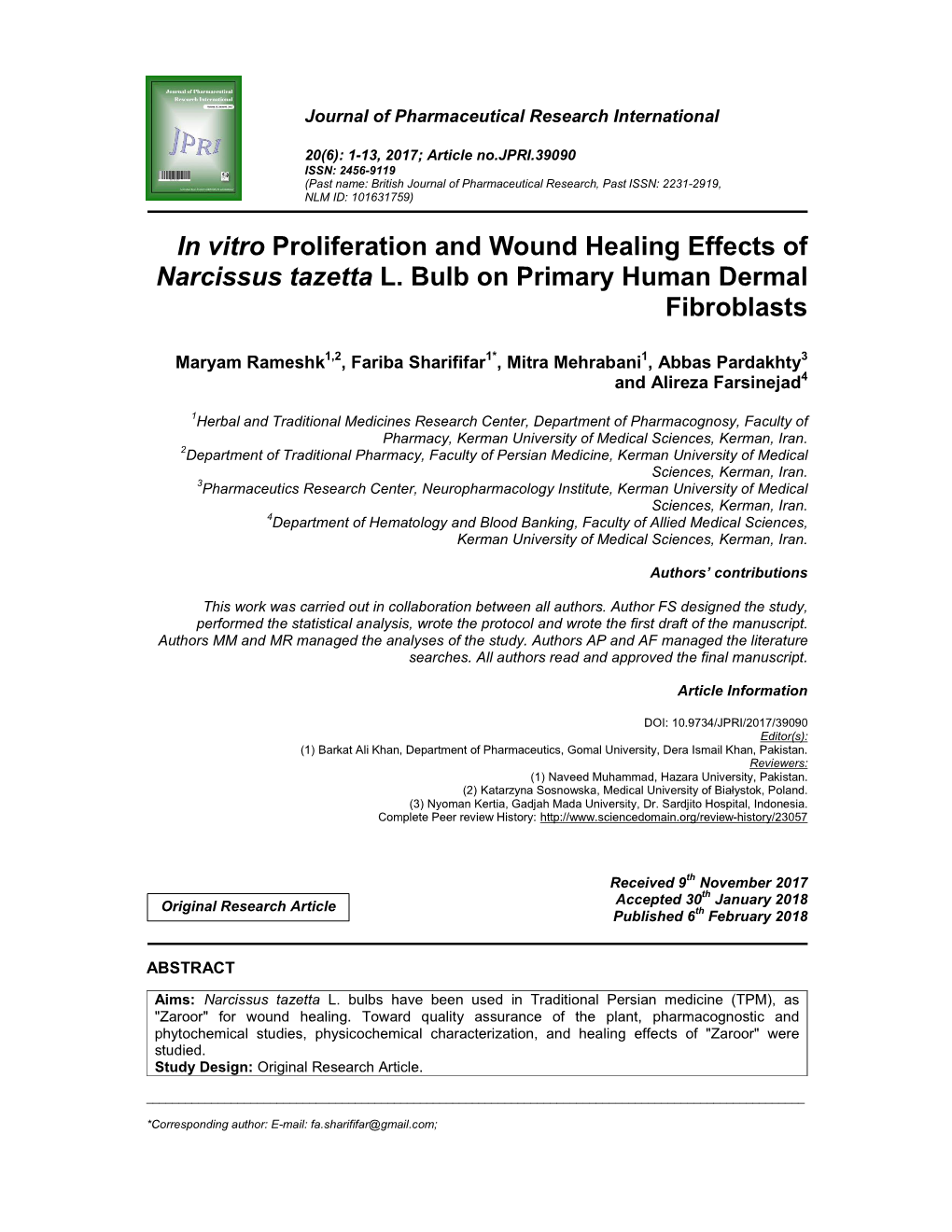 In Vitro Proliferation and Wound Healing Effects of Narcissus Tazetta L