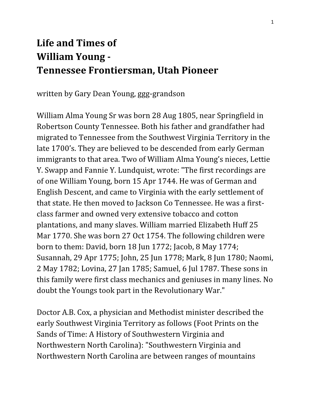 Life and Times of William Young - Tennessee Frontiersman, Utah Pioneer Written by Gary Dean Young, Ggg-Grandson