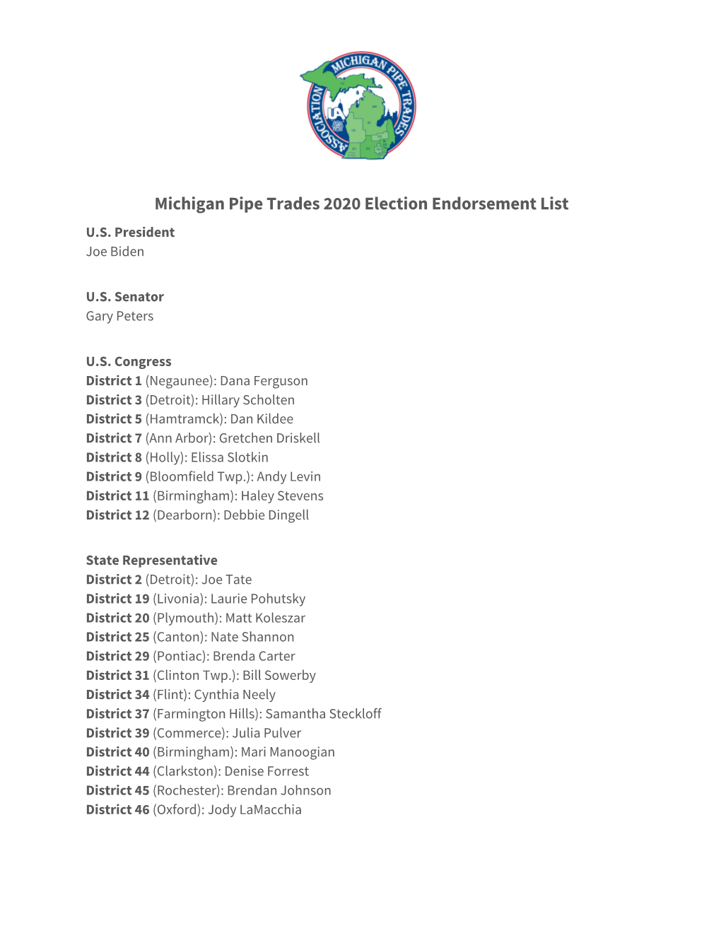 Michigan Pipe Trades 2020 Election Endorsement List U.S