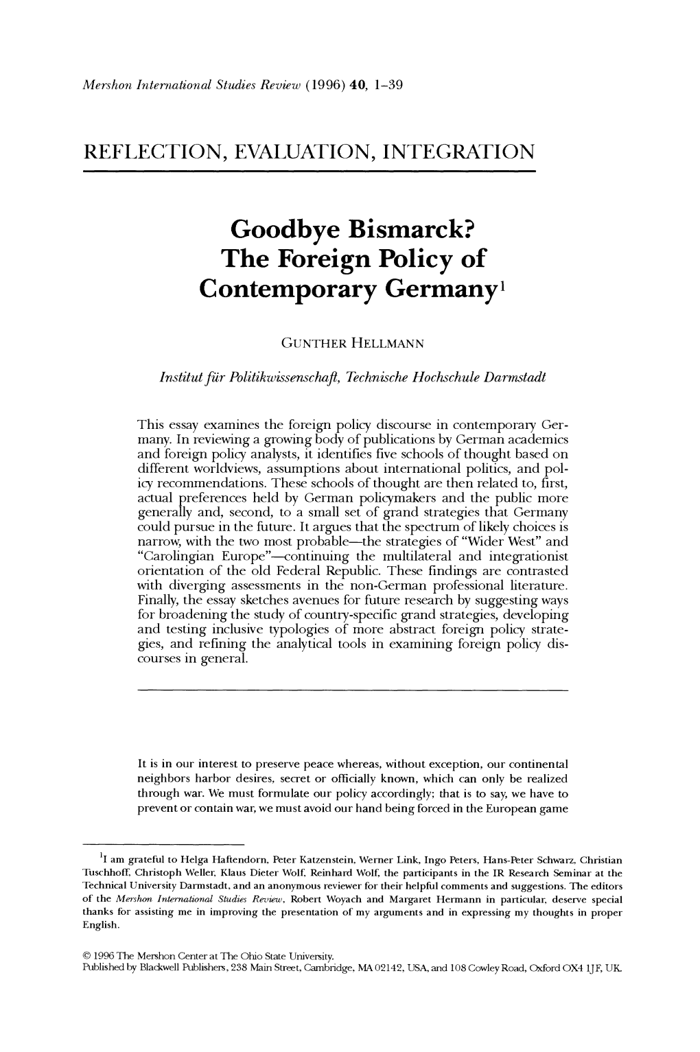 Goodbye Bismarck? : the Foreign Policy of Contemporary Germany