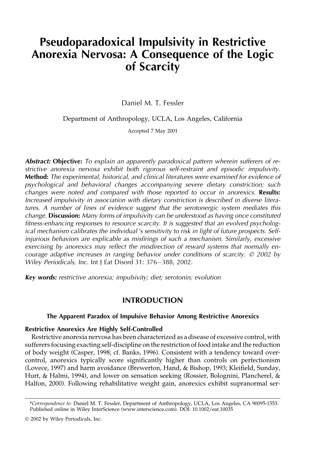 Pseudoparadoxical Impulsivity in Restrictive Anorexia Nervosa: a Consequence of the Logic of Scarcity