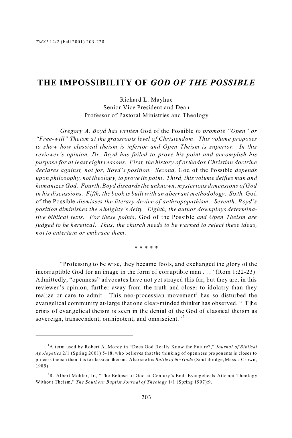 The Impossibility of God of the Possible