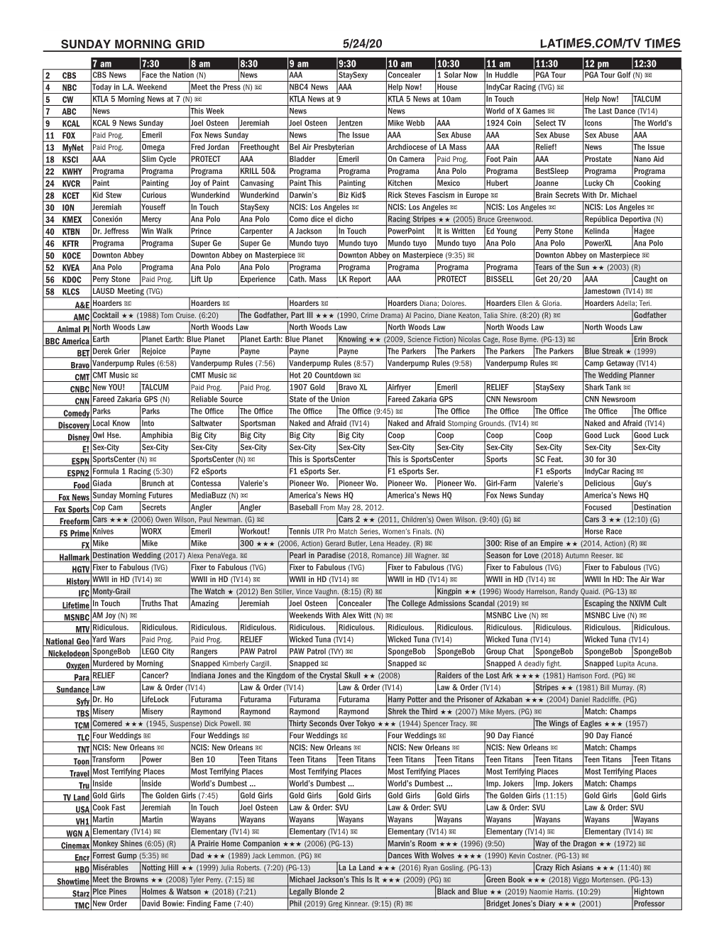 Sunday Morning Grid 5/24/20 Latimes.Com/Tv Times