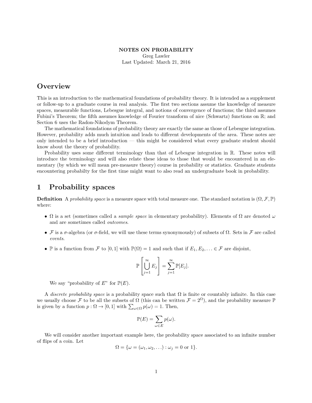 Overview 1 Probability Spaces