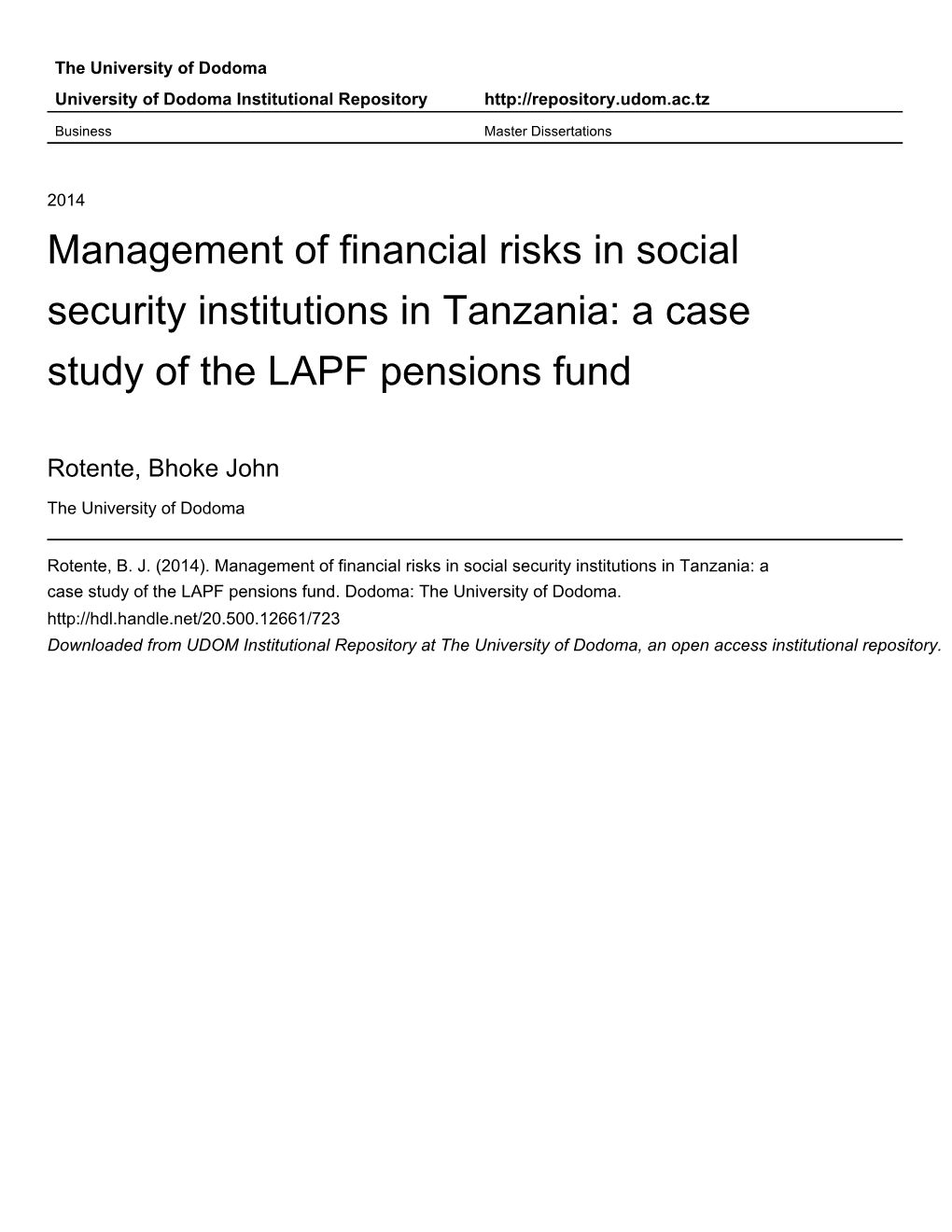 Management of Financial Risks in Social Security Institutions in Tanzania: a Case Study of the LAPF Pensions Fund