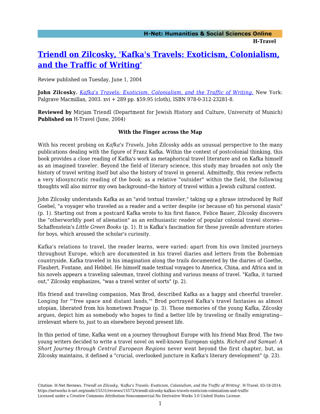 Triendl on Zilcosky, 'Kafka's Travels: Exoticism, Colonialism, and the Traffic of Writing'