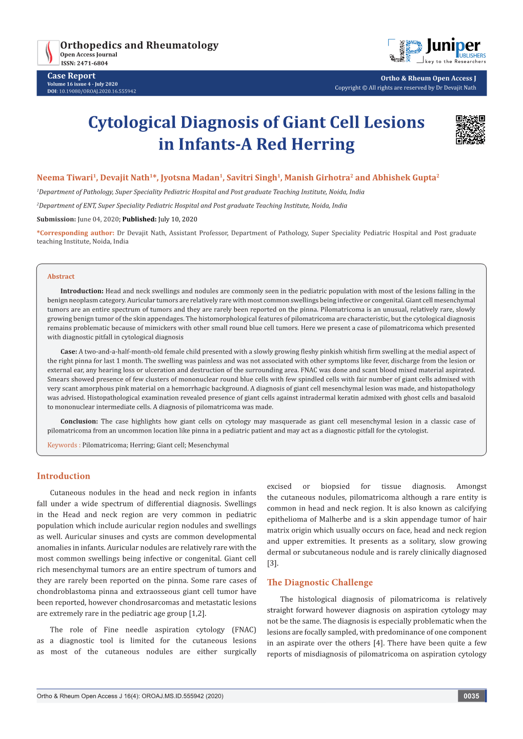 Cytological Diagnosis of Giant Cell Lesions in Infants-A Red Herring