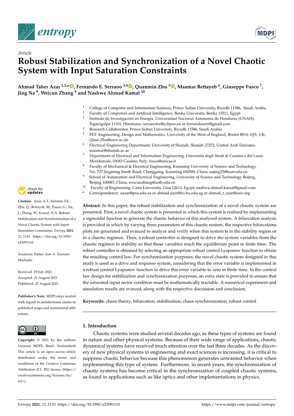 Robust Stabilization and Synchronization of a Novel Chaotic System with Input Saturation Constraints