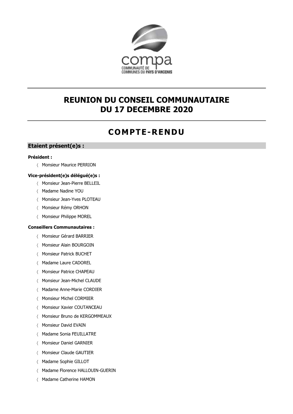 Reunion Du Conseil Communautaire Du 17 Decembre 2020