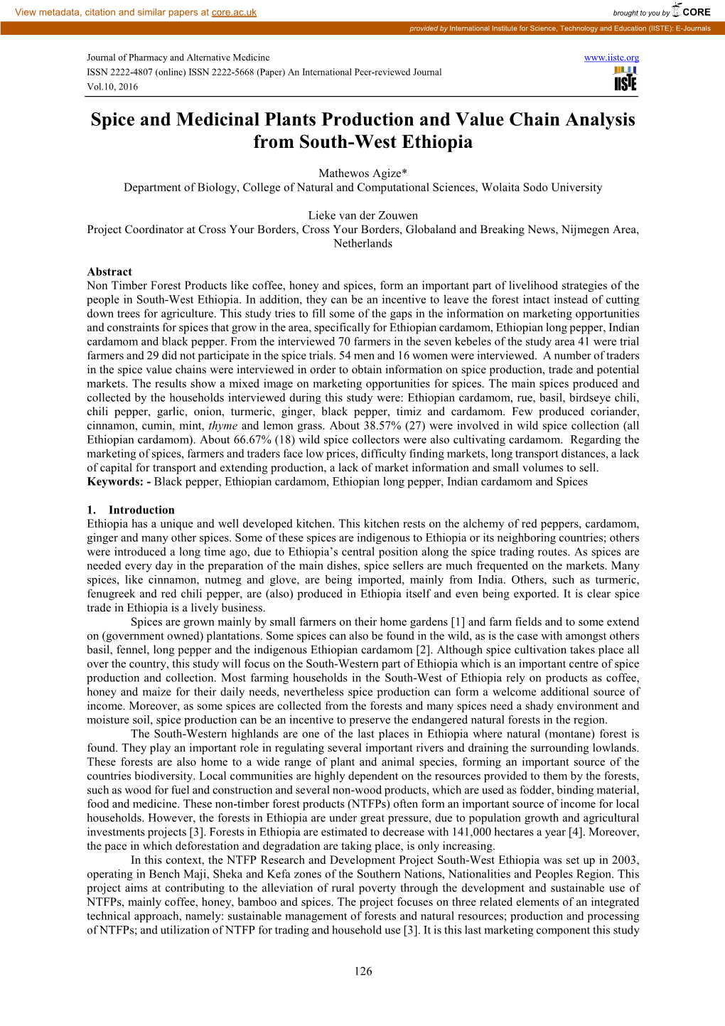 Spice and Medicinal Plants Production and Value Chain Analysis from South-West Ethiopia