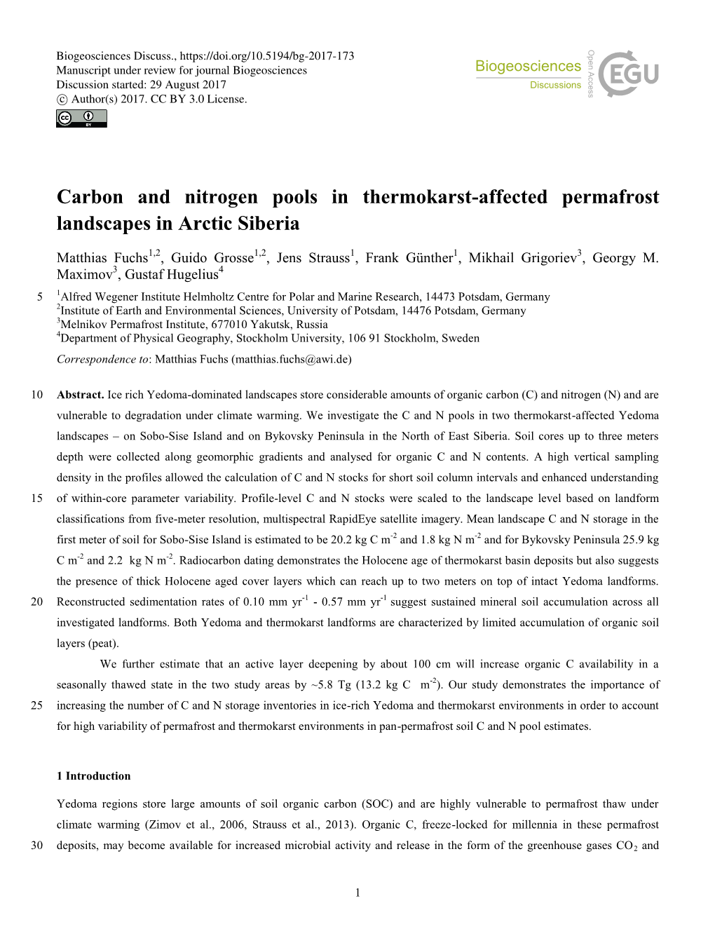 Carbon and Nitrogen Pools in Thermokarst-Affected Permafrost Landscapes in Arctic Siberia